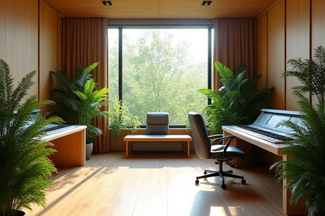 Sura Sound studio interior, modern and filled with natural light, featuring audio equipment and plants.