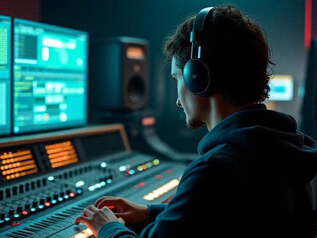 एक ऑडियो इंजीनियर अपने कंसोल पर काम कर रहा है